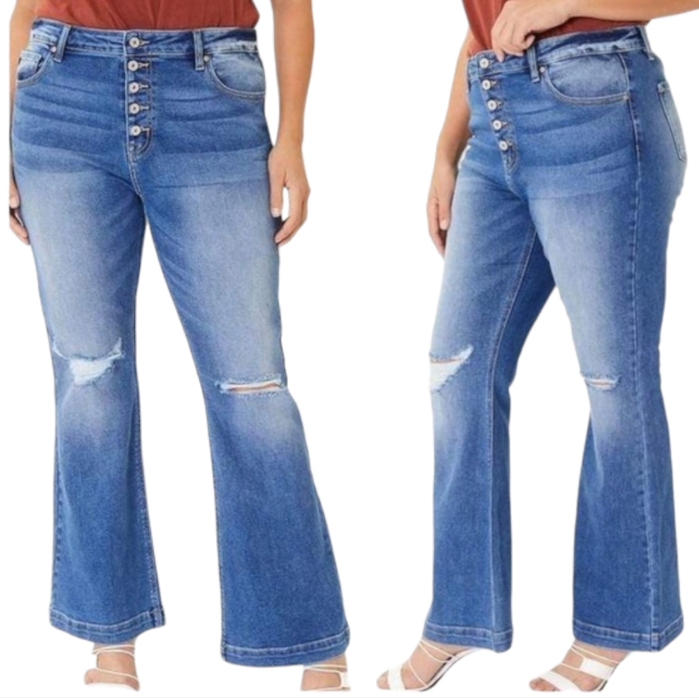 KanCan Flirting With A Stranger Plus Size Denim Distressed Flare Button Jeans 3X